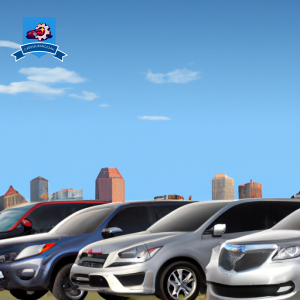 An image showing a row of cars parked in front of the Greenville skyline, with each car representing a different top car insurance company in the area