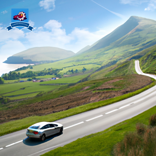 An image of a winding road along the coast of Gwynedd, with a sleek, modern car driving smoothly