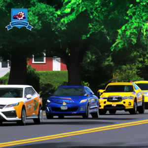 An image featuring a diverse array of cars driving down a tree-lined street in Herndon, Virginia