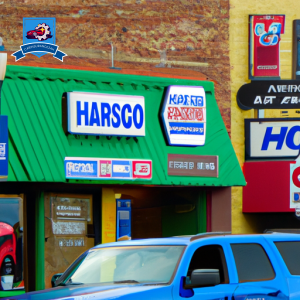 An image of a bustling Main Street in Huron, South Dakota with various car insurance company storefronts showcasing their logos and vibrant signage