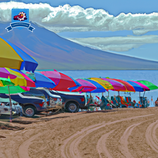 An image of a sandy beach in Kihei, Hawaii with a row of colorful umbrellas and beach chairs, each representing a top car insurance company