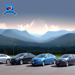 An image of a diverse group of cars parked in front of a scenic backdrop of the Smoky Mountains, symbolizing the top car insurance companies in Lenoir City, Tennessee