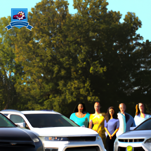 An image of a diverse group of people standing in front of a row of cars with various insurance company logos on them, showcasing the top car insurance companies in Lexington