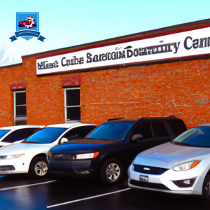 An image of a row of cars parked outside a brick building with a sign that reads "Best Car Insurance Companies in Manning, South Carolina" in bold lettering