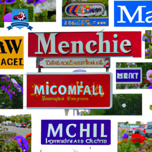 An image of a row of Mechanicsville, Virginia street signs lined with vibrant flowers, leading to a collage of logos from the top car insurance companies in the area