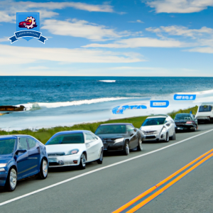 An image of an oceanfront road in Narragansett, Rhode Island with a lineup of cars from various insurance companies parked along the side, each with their logo displayed