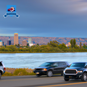 An image of a diverse array of vehicles driving along the Snake River with the iconic Ontario, Oregon skyline in the background to visually represent the best car insurance companies in the area