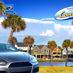 An image of a picturesque coastal town with palm trees and luxury cars, showcasing the top car insurance companies in Pawleys Island, SC
