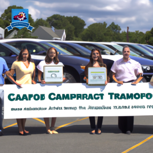 An image of a diverse group of people standing in front of a row of cars, each person holding a sign with the logo of a top car insurance company in Pawtucket, Rhode Island