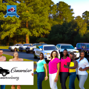 An image of a diverse group of people standing in front of a row of cars, each person holding a sign with a different car insurance company logo on it, set against the backdrop of Sumter, South Carolina