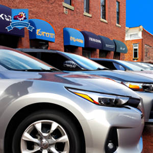 An image of a row of sleek, modern cars parked in front of a row of insurance company buildings in downtown Townsend