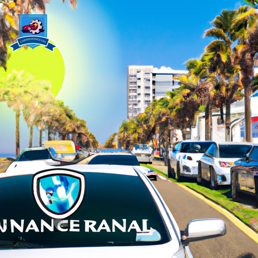 An image of a sunny Virginia Beach street lined with palm trees, featuring a row of cars with various insurance company logos on their windshields