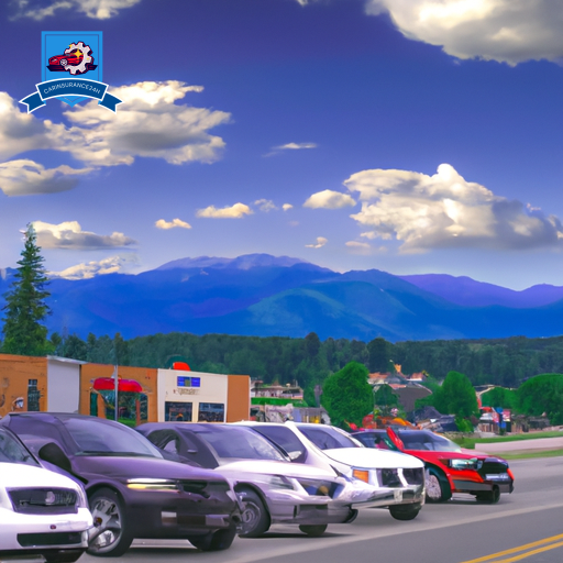 An image showcasing a scenic view of Whitefish, Montana with multiple cars from various insurance companies parked in front of the picturesque backdrop of the town