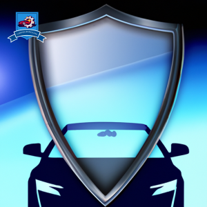 An image featuring a sleek, high-end luxury car with a protective, transparent shield covering it, surrounded by symbols of safety, like a lock and shield, against a backdrop of soft, reassuring blue gradients