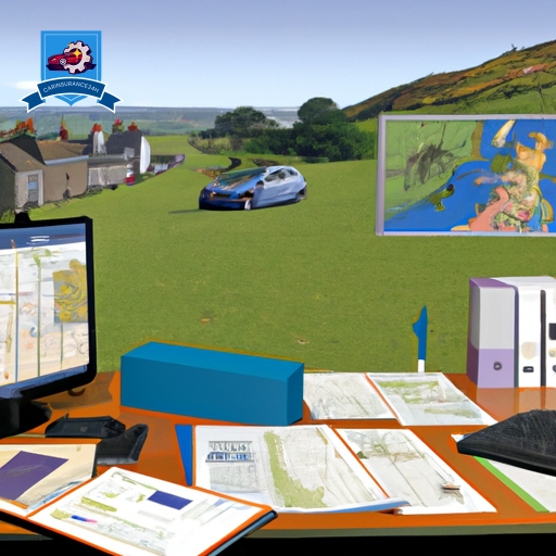 An image of a car insurance agent in Fife, Scotland, UK sitting at their desk, surrounded by shelves of policy binders, a computer screen displaying coverage options, and a map of the region on the wall