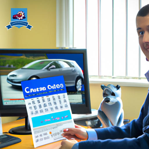 An image of a friendly car insurance agent in Neath Port Talbot, sitting at a desk with a computer, surrounded by paperwork and a calendar, discussing policies with a customer