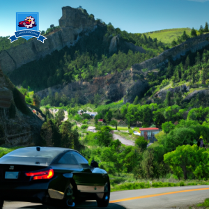 An image of a sleek black car driving through the winding roads of Black Hawk, South Dakota, with the town's iconic mountain landscape in the background