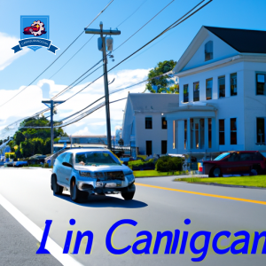 An image of a car driving down a scenic coastal road in Camden, Maine, with a row of local insurance company buildings in the background