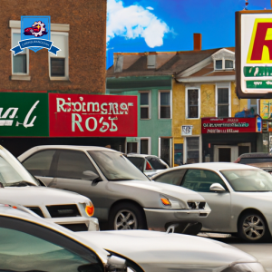 An image of a busy street in Central Falls, Rhode Island, with multiple cars and insurance company logos on storefronts