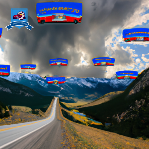 An image of a scenic road winding through the mountains of Cody, Wyoming, with a lineup of various car insurance company logos superimposed in the sky