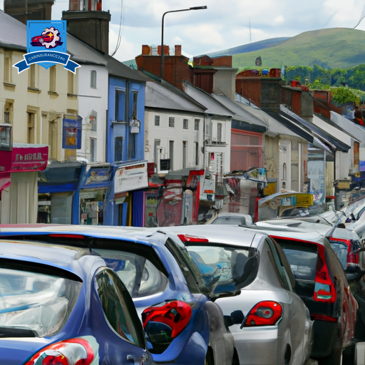 An image of a bustling street in Denbighshire, lined with colorful cars and various insurance company logos prominently displayed on billboards and storefronts