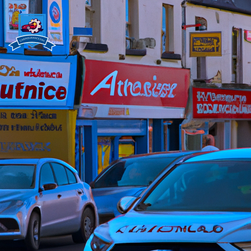 An image of a busy street in Ennis with various car insurance company logos displayed on billboards and storefronts, showcasing the competitive market for car insurance in the area