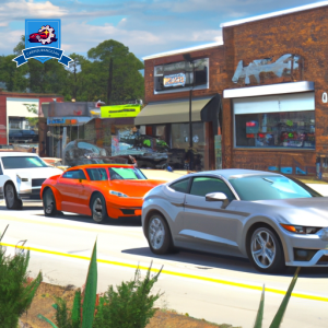 An image of a bustling street in Fort Mill, South Carolina, lined with various car insurance company storefronts