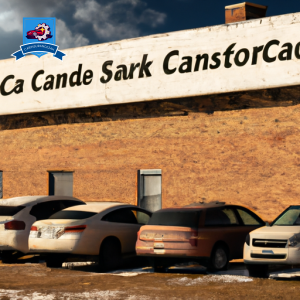 An image of a row of cars parked in front of a brick building with a sign that reads "Car Insurance Companies in Kadoka, South Dakota