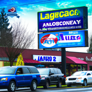 An image of a bustling street in Lacey, Washington, with various car insurance company logos prominently displayed on storefronts and billboards