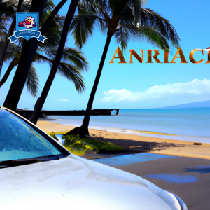 An image showcasing a tropical beach in Lahaina, Hawaii with palm trees and crystal-clear waters in the background, while a sleek car with a car insurance company logo is parked in the foreground