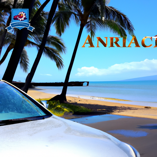 An image showcasing a tropical beach in Lahaina, Hawaii with palm trees and crystal-clear waters in the background, while a sleek car with a car insurance company logo is parked in the foreground