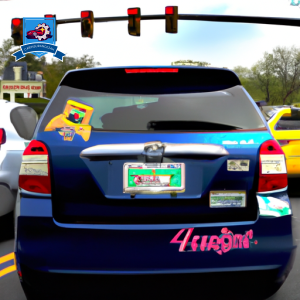 An image of a busy intersection in Leesburg, Virginia with multiple cars stopped at a traffic light, each displaying a different car insurance company logo on their bumper stickers