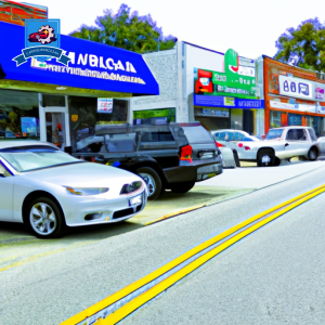 An image of a bustling street in Lexington, South Carolina lined with various car insurance company storefronts, each one distinct in design and appearance