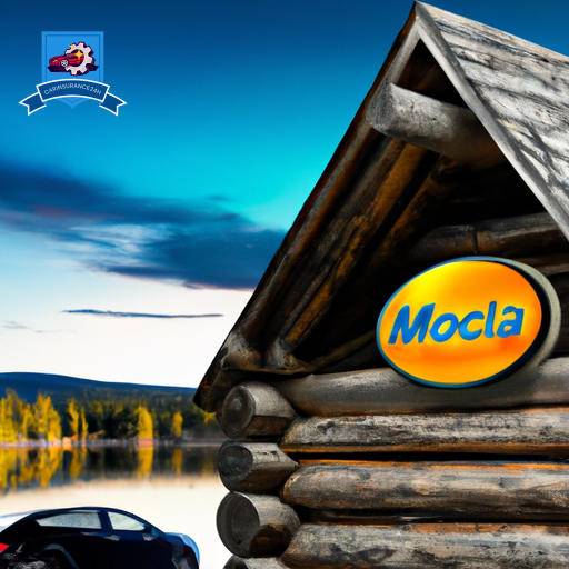 An image of a rustic log cabin nestled in the mountains of McCall, Idaho, with a sleek, modern car insurance company logo displayed prominently on a sign out front