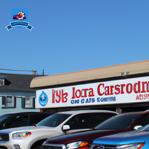 An image of a row of cars parked in front of a storefront with a large sign that reads "Car Insurance Companies in Middletown, Rhode Island