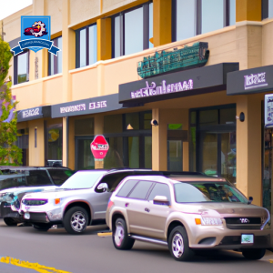 An image of a bustling street in Milwaukie, Oregon, with multiple cars parked outside of various insurance company offices