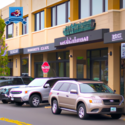 An image of a bustling street in Milwaukie, Oregon, with multiple cars parked outside of various insurance company offices