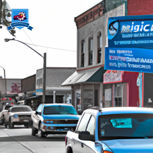 An image of a bustling street in Mobridge, South Dakota, with numerous car insurance company signs displayed prominently