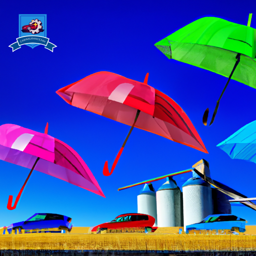 An image of a row of colorful umbrellas representing different car insurance companies, with a background of North Platte's iconic grain silos and golden prairie grass