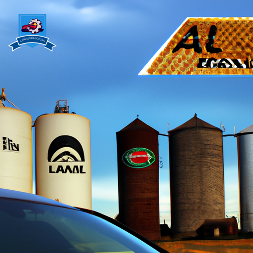 An image showcasing a row of various car insurance company logos against a backdrop of the iconic grain elevators in Ogallala, highlighting the competition and options available in the area