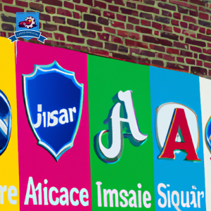 An image showcasing a row of colorful car insurance company logos on Main Street in Phillipsburg, New Jersey