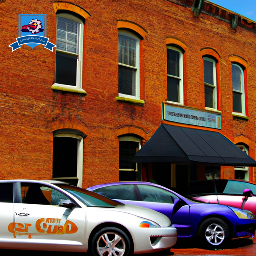 An image of a row of colorful, modern cars parked in front of a quaint brick building with a sign that reads "Car Insurance Companies in Ripley, West Virginia