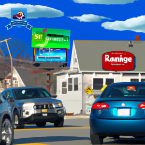 An image of a bustling intersection in Saunderstown, Rhode Island, with various car insurance company logos prominently displayed on billboards and storefronts