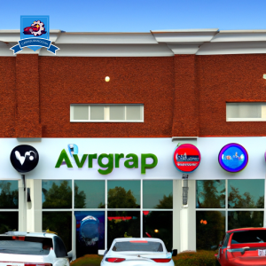 An image of a row of vibrant, modern storefronts in Short Pump, Virginia, showcasing diverse car insurance company logos on signs above each entrance