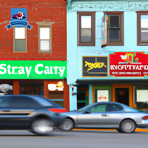 An image of a bustling main street in Sidney, Montana, with multiple car insurance company storefronts displaying their logos and advertisements