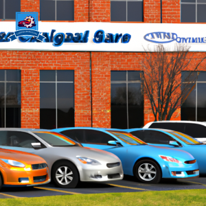 An image of a row of colorful and sleek cars parked in front of an office building with a large sign that reads "Car Insurance Companies in Springfield, Tennessee
