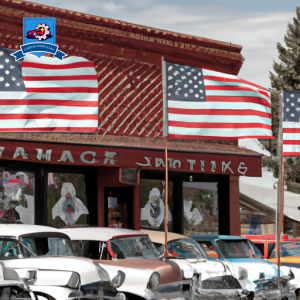 An image of a row of classic cars parked outside a local insurance office in Sturgis, South Dakota