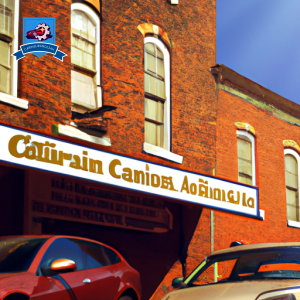 An image of a row of cars parked in front of a quaint brick building with a sign that reads "Car Insurance Companies in Triadelphia, West Virginia