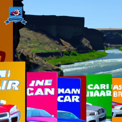 An image of a row of colorful car insurance company signs in Twin Falls, Idaho, against a backdrop of the Snake River Canyon and Shoshone Falls