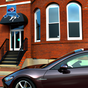 An image of a sleek, modern car parked in front of a historic brick building in downtown Warwick, Rhode Island
